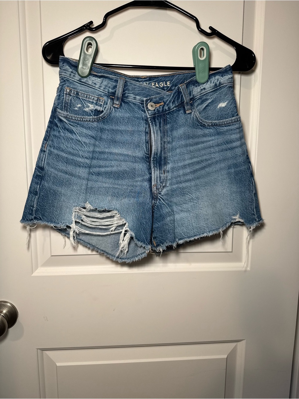 American Eagle Outfitters Light Blue Distressed High-Rise Denim Shorts